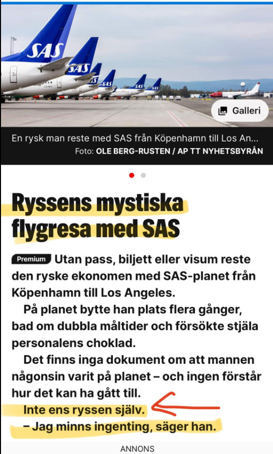 Mystiskt SAS-Resande Rysk Ekonom Utan Pass, Biljett, Visum Eller Minne..