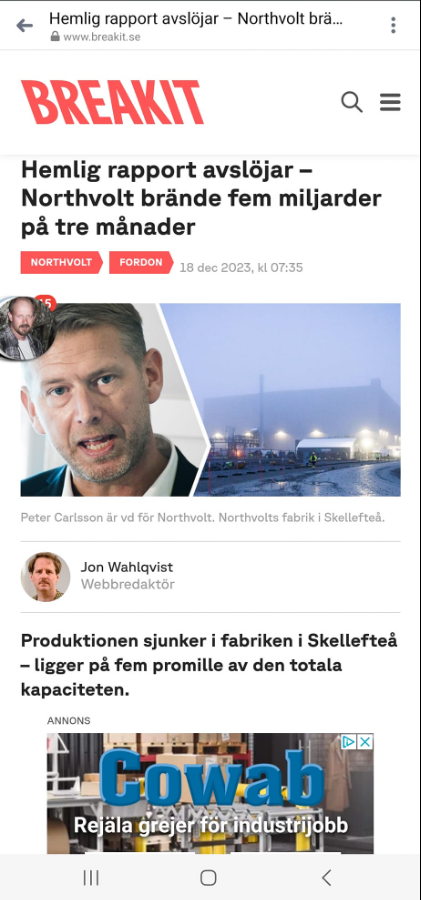 Sjunkande Northvoltsproduktion