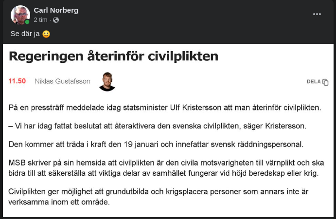 Återinförd Civilplikt 19/1 2024