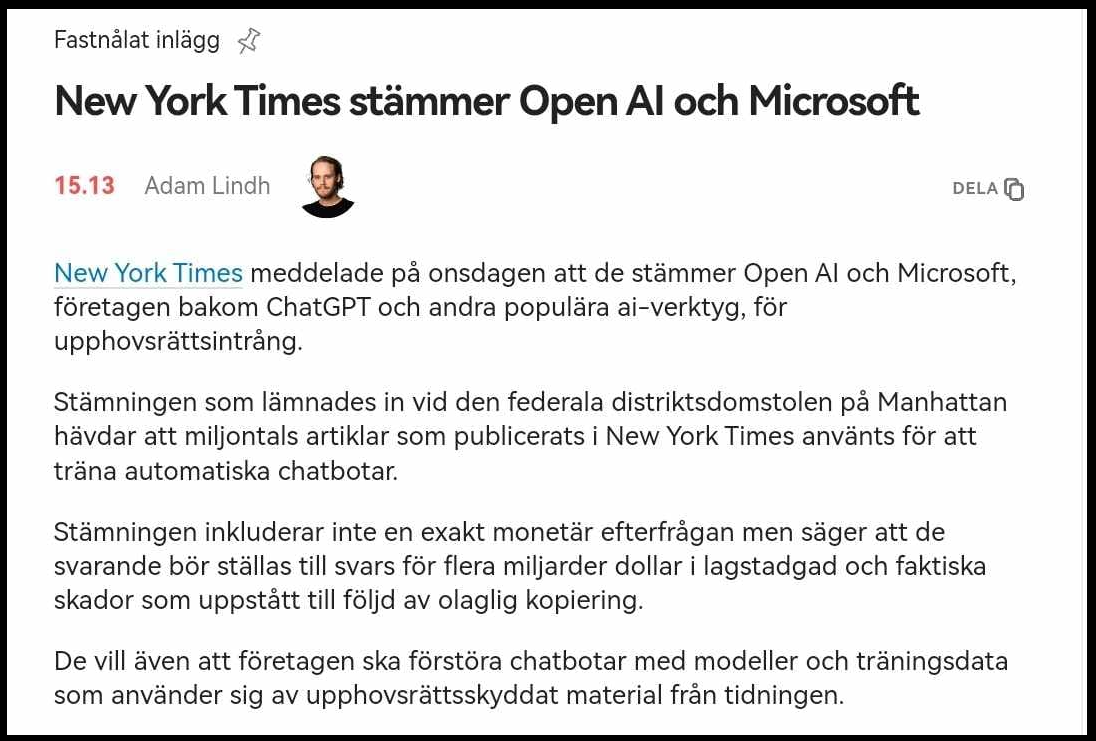 NYT Stämmer Open AI & Microsoft