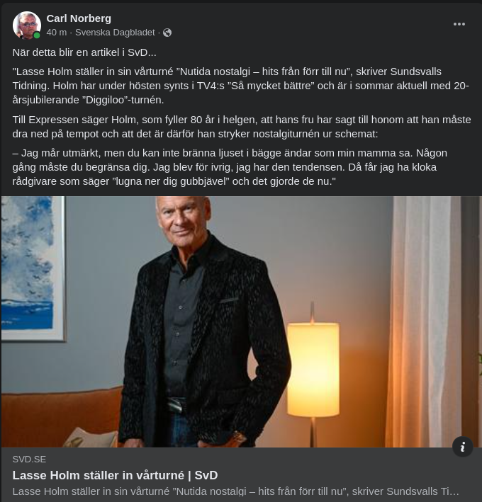 Inställd Holm-Turné I SvD