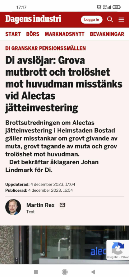Misstänkt Grova Mutbrott & Trolöshet Efter Alecta-Investering I Heimstaden Bostad
