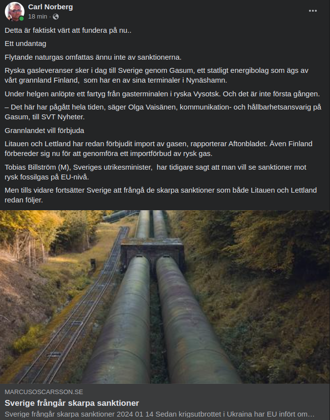 Flytande Ryska Naturgasleveranser Till Sverige