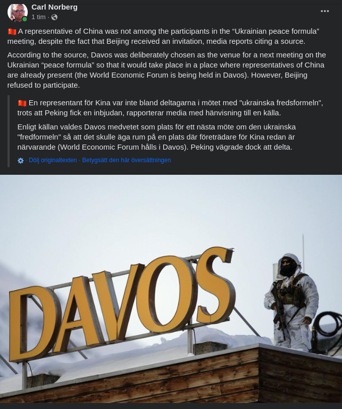 Kina Nobbar Fredsformelsmöte För Ukraina I Davos