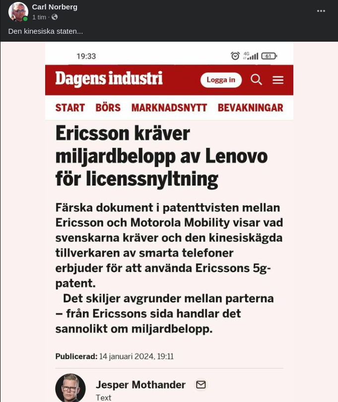 Ericsson, Kinesiska Staten & Licenssnyltande