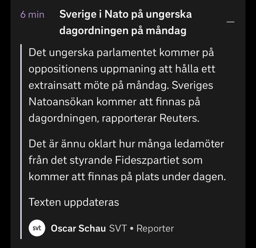 Svenskt Natomedlemskap På Måndagens Ungerska Dagordning