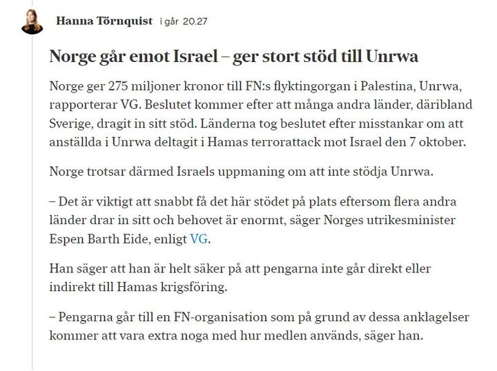 Norge Ger 275 Miljoner Kronor Till Unrwa