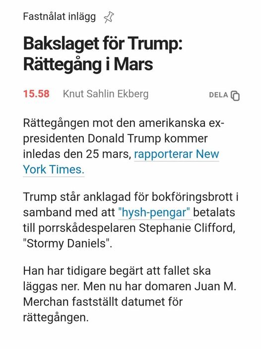 25 Mars Fastställd Rättegångsdag För bokföringsbrott Mot Trump