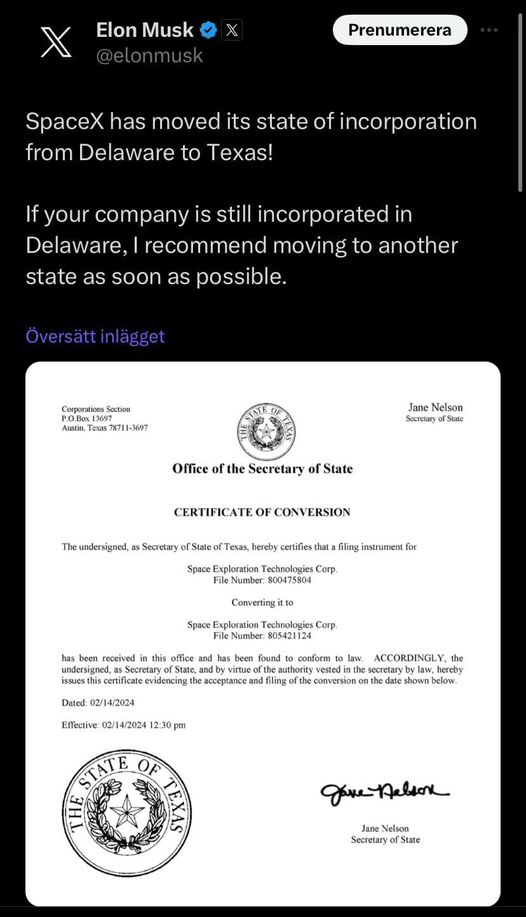 Musk Rekommenderar Företagsregistreringsflytt
