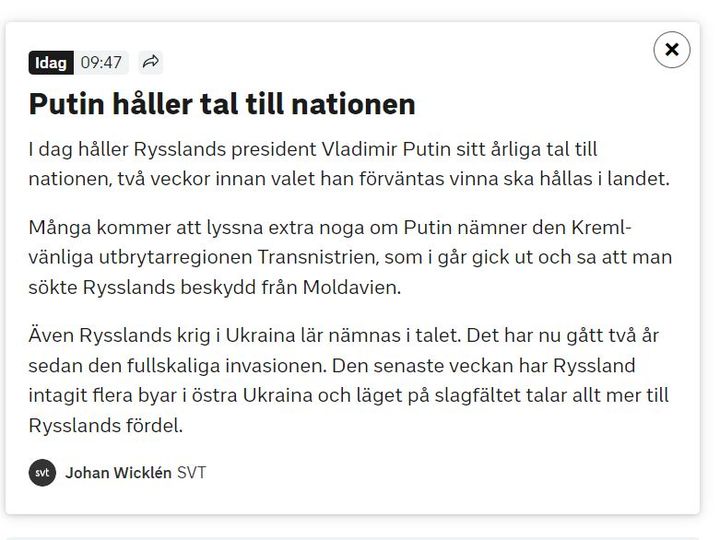Putin Talar Senare Idag