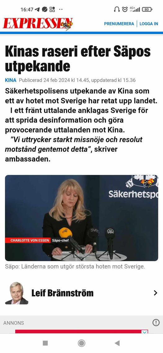 Rasande Kina Efter Säpo-Utpekande