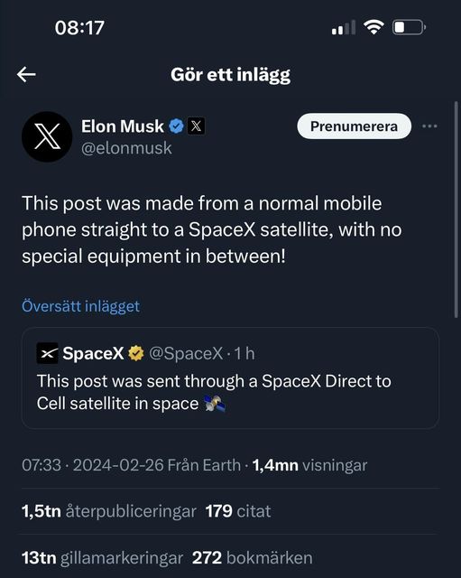 X-Postat Via Mobil & Rymdsatellit