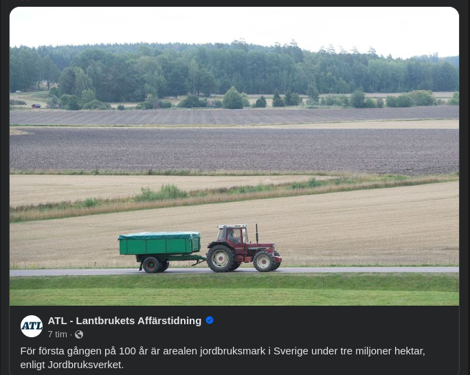 Minsta Svenska Jordbruksmarksarealen På 100 År