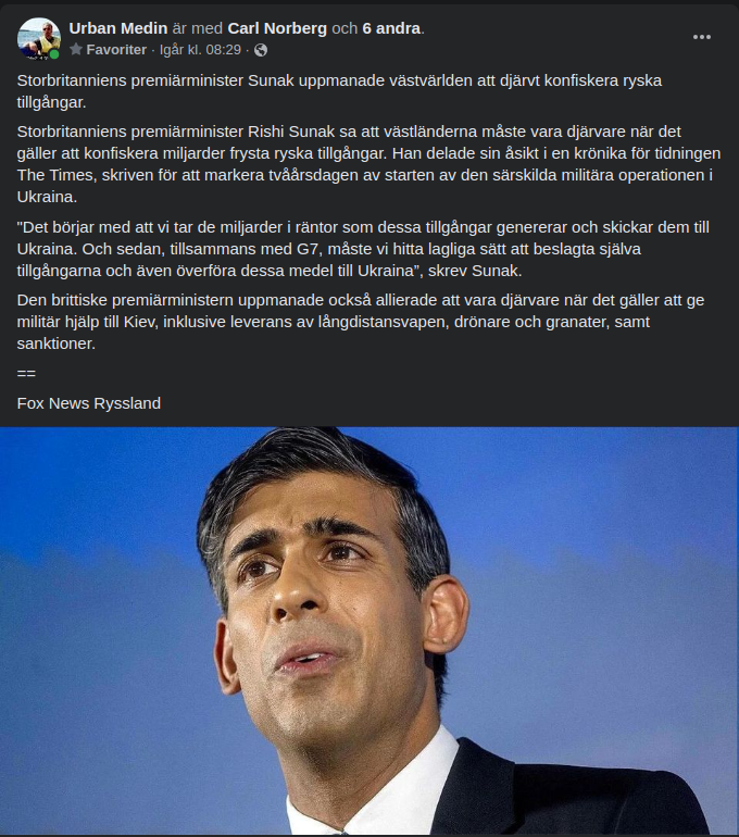 Sunak Uppmanar Väst Till Djärva Rysskonfiskeringar