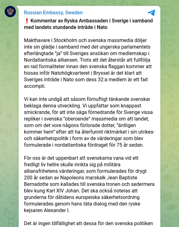 Kommentar Av Ryska Ambassaden I Sverige I Samband Med Landets Stundande Inträde I Nato