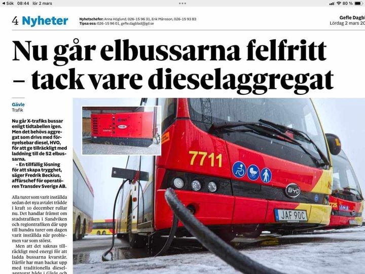 Felfria Elbussar Tack Vare Dieselaggregat