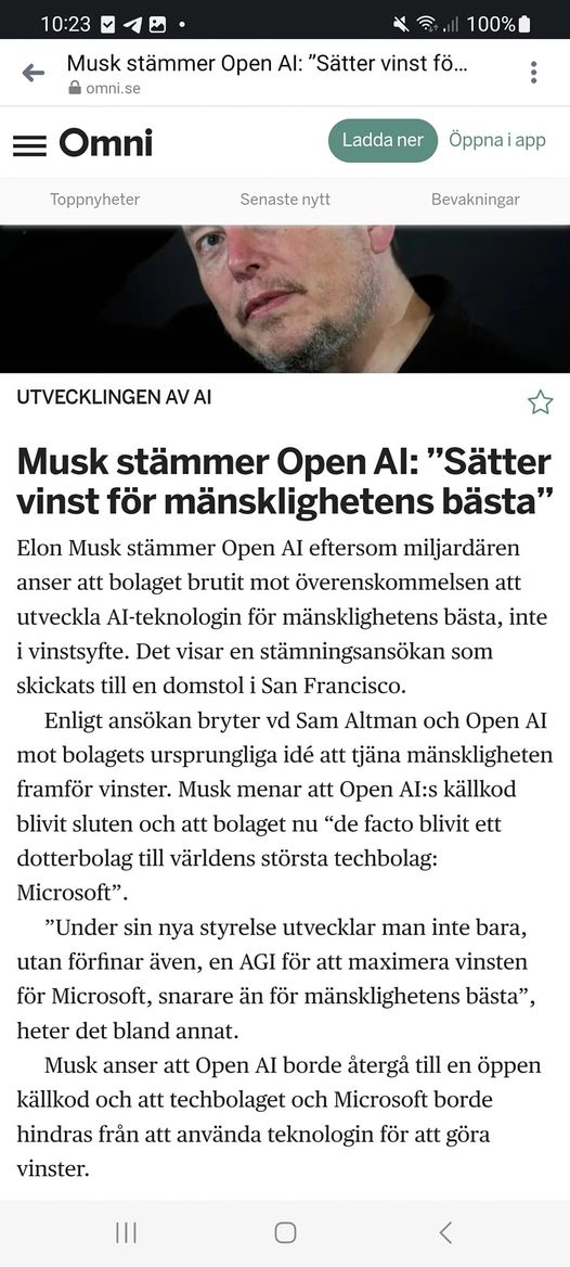 Musk Stämmer Open AI För Enskild Vinstmaximering