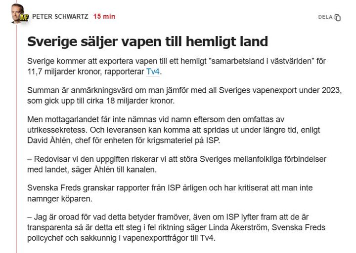 Hemlig Svensk Vapenförsäljning
