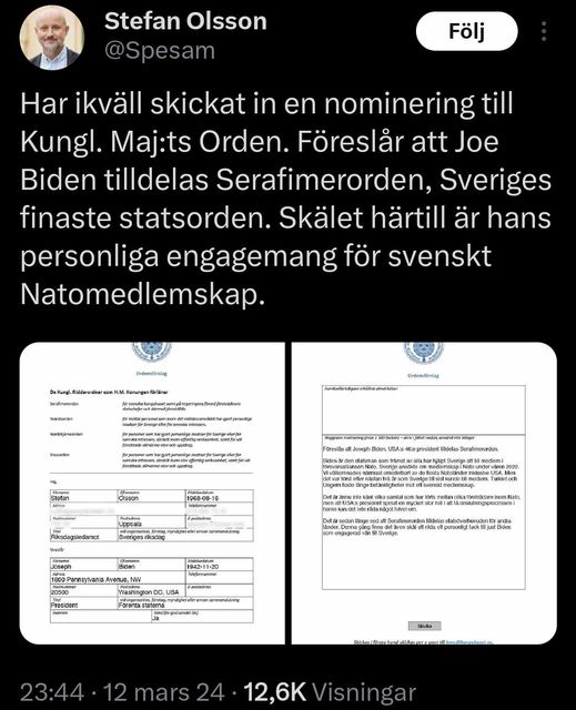 Underlivsporslinet Serafimerorden-Nominerad..