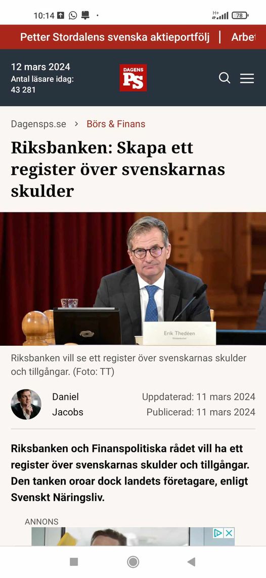 Riksbanken Vill Registrera Svenskarnas Skulder
