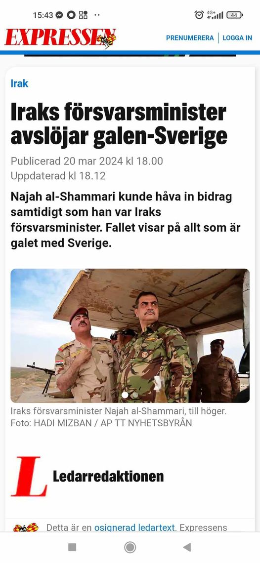 Galen-Sverige Avslöjat Av Iraks Försvarsminister