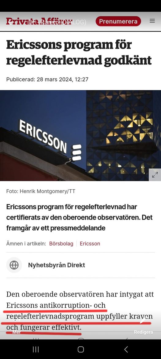 Ericssons Regelefterlevnadsprogram Godkänt
