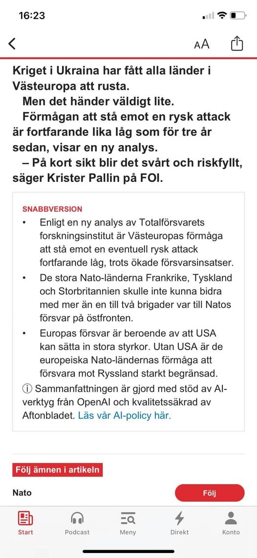 Låg Europeisk Motståndsförmåga Mot Rysk Attack