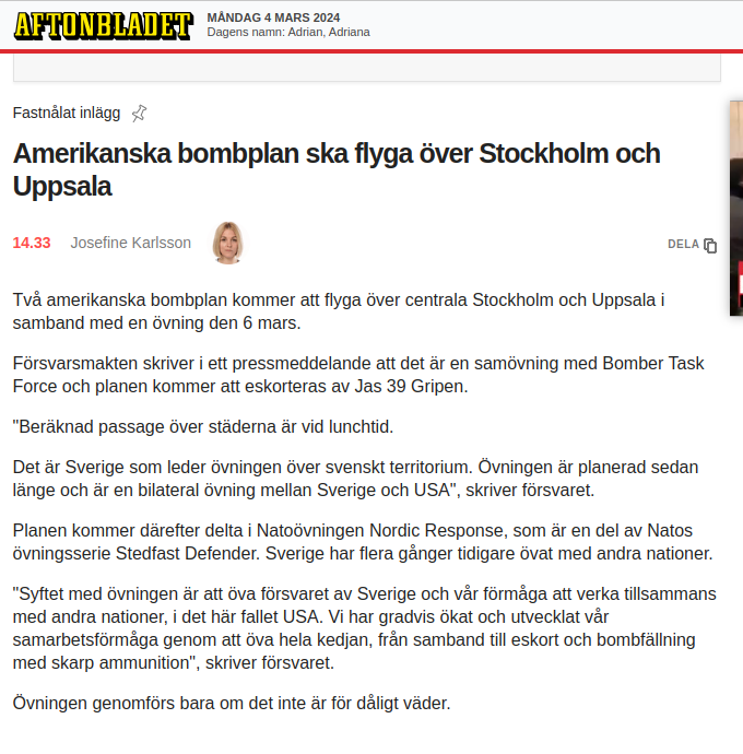 Amerikanska Bombplan Över Stockholm & Uppsala Vid Lunchtid Den 6:e Mars