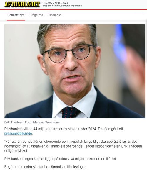 Riksbanken Äskar 44 Miljarder För 2024