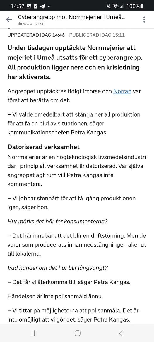 Cyberangrepp Stänger Norrmejerier