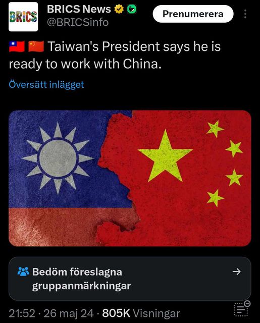 Taiwans President Redo Att Jobba Med Kina