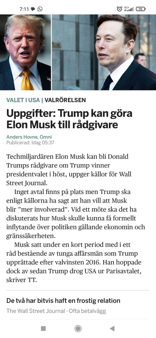 Musk Möjlig Rådgivare Åt Trump