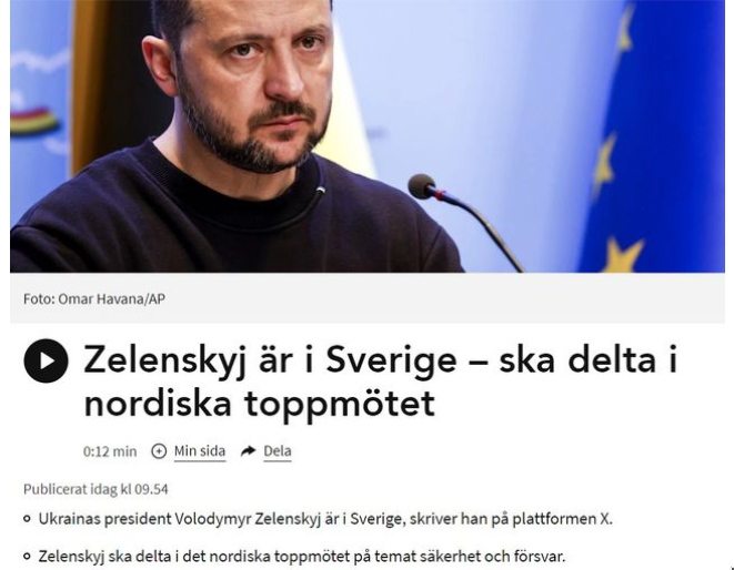 Zelenskyj deltagare i nordiska toppmötet