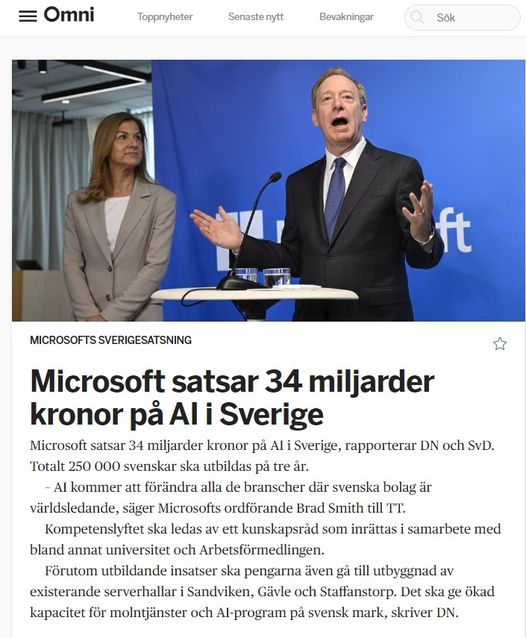 Microsoft Satsar 34 Miljarder På AI I Sverige