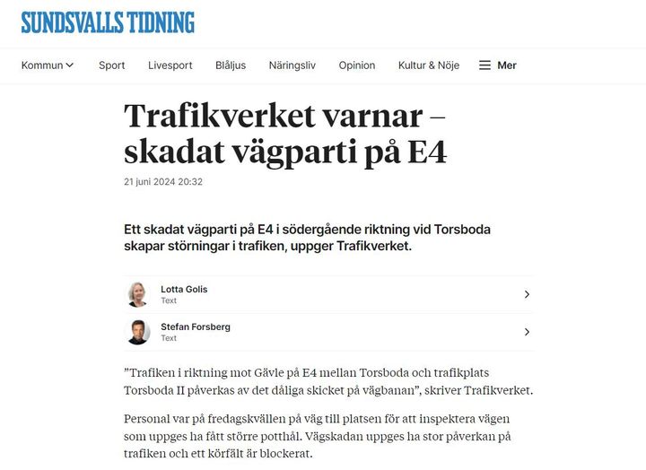 Potthål På E4