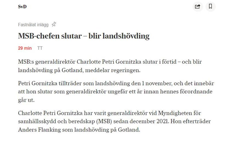 Från MSB-Chef Till Gotlands Landshövding