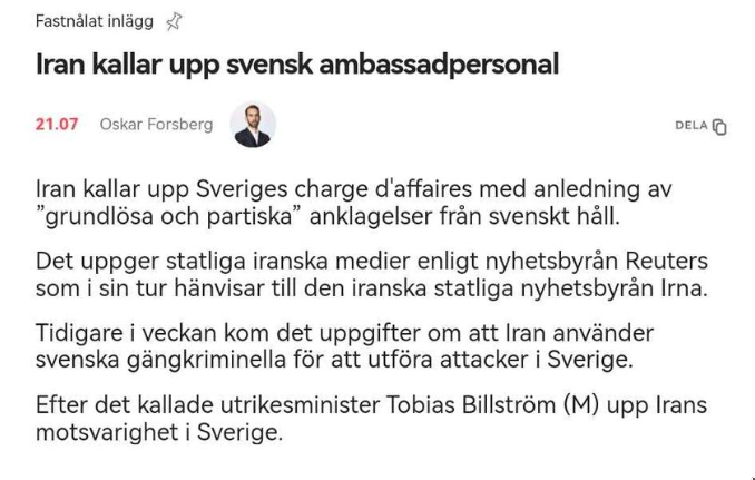 Iran kallar upp svensk ambassadpersonal