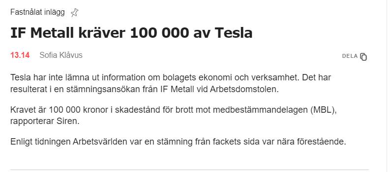 IF Metall Stämmer Tesla Vid Arbetsdomstolen