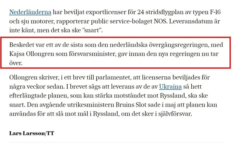 Ollongren Lämnar Besked Om Beviljade Nederländska Exportlicenser För 24 Stycken F-16