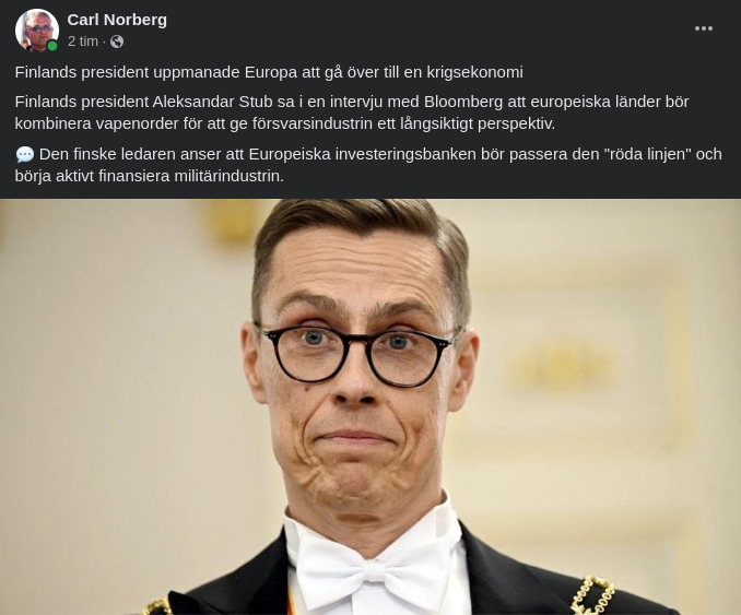 Stubb Uppmanar EU Till Krigsekonomi