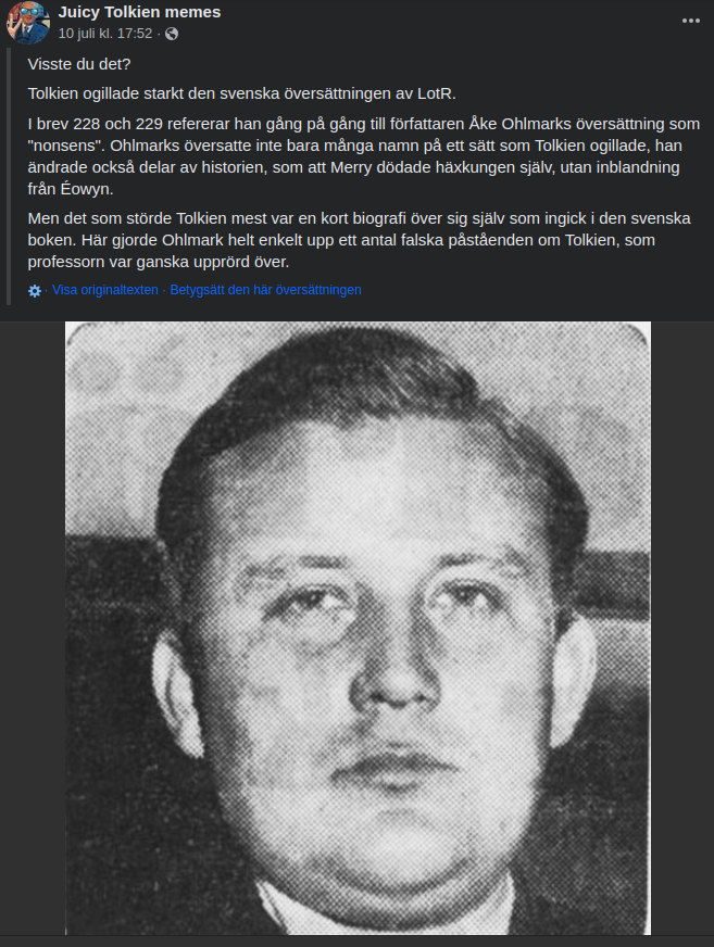 Tolkien Starkt Ogillande Av Svensk Version