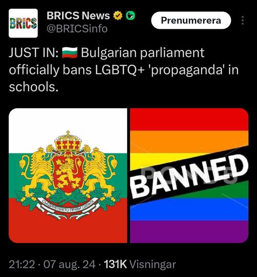 Bulgarien Bannar LGBTQ+ Propaganda I Skolor