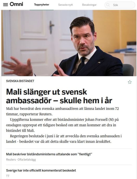 Mali Ger Svensk Ambassadör 72 Timmar På Sig Att Lämna Landet