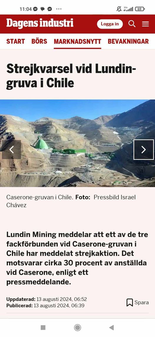 Strejkvarsel Vid Chilensk Lundin-Gruva