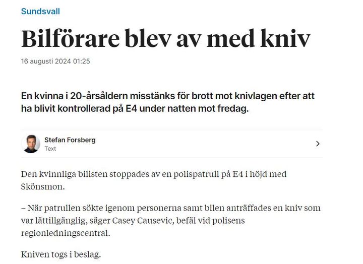 Kniv I Bil  Beslagtagen Av Polis..
