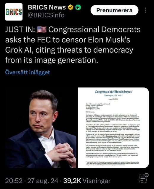 Kongressdemokrater Efterfrågar Grok-Censur