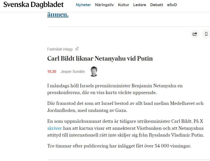 Bildt Likställer Netanyahu & Putin I Internationell Rättsattityd