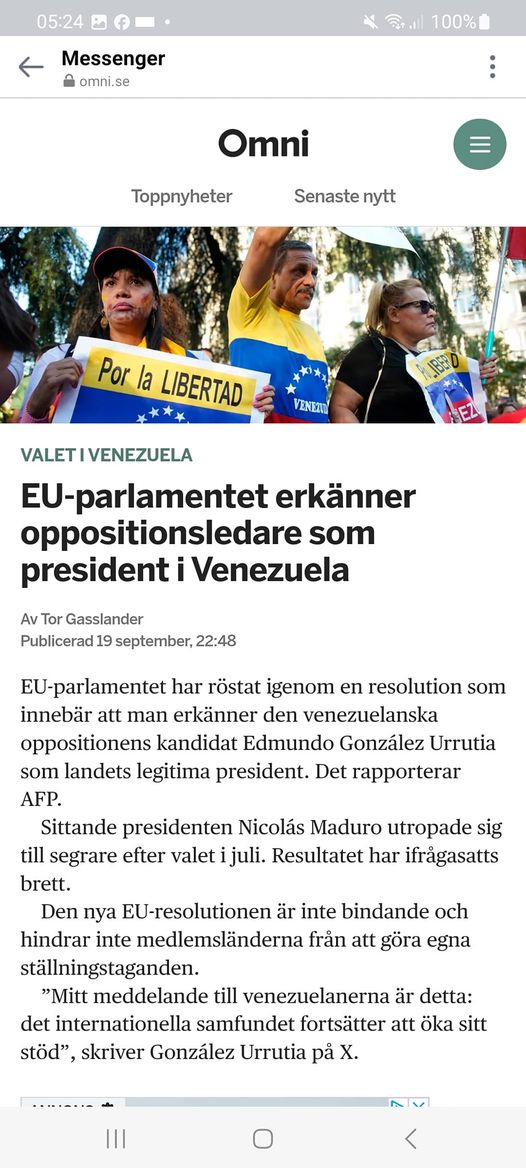 EU-Parlamentet Erkänner Oppositionsledare Som Venezuelas President