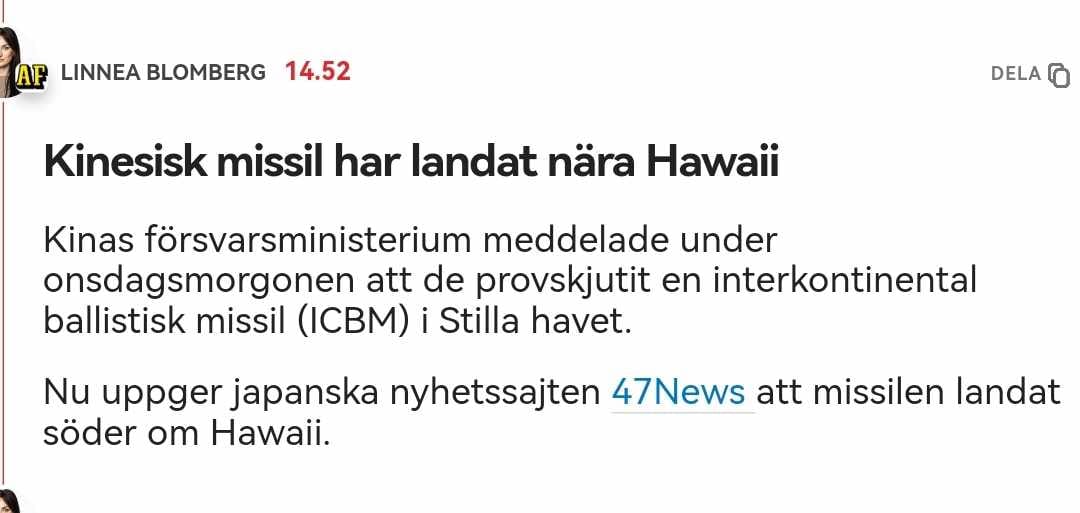 Provskjutet Från Kina Till Hawaii