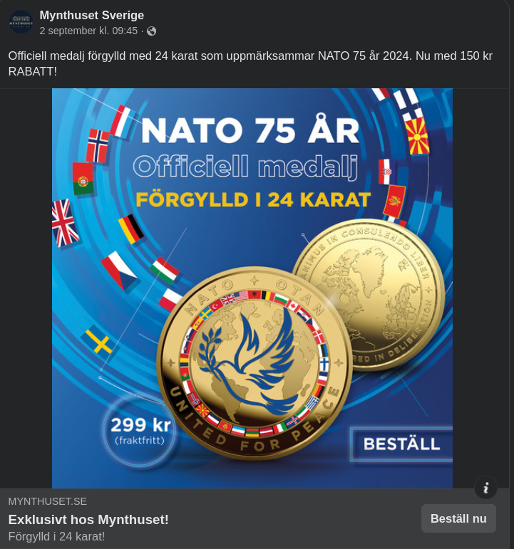 Rabatterad & 24 Karats Förgylld Nato-Medalj